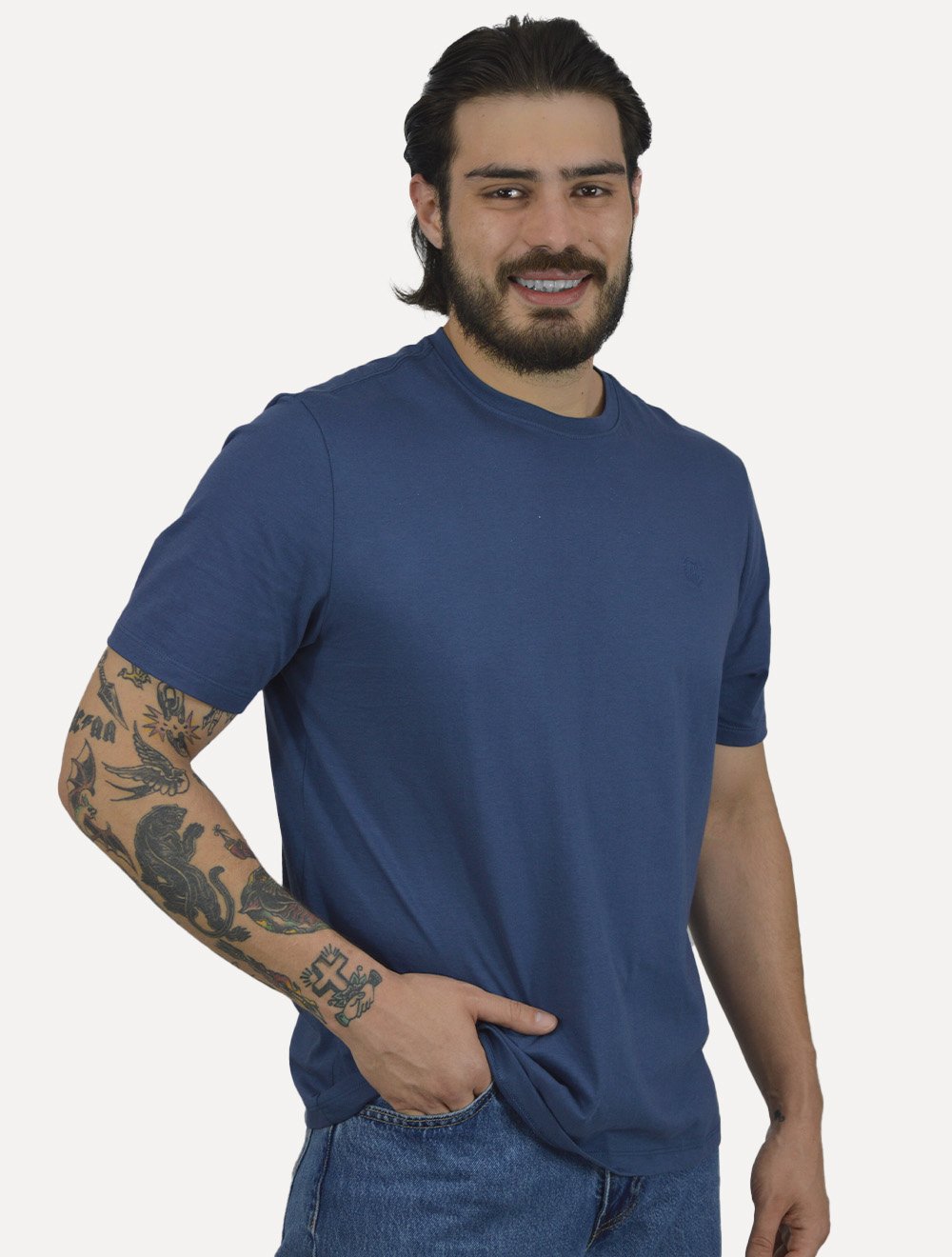 Camiseta Individual Masculina Comfort Pima Soft Touch Logo Azul Médio