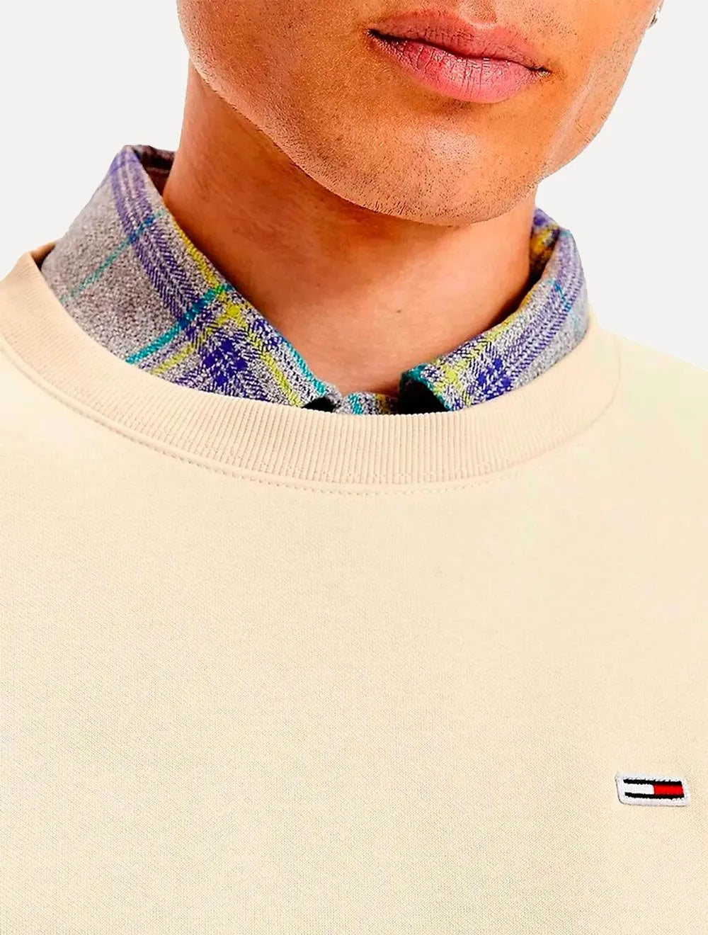 Moletom Tommy Jeans Masculino Fleece Flag Crewneck Areia