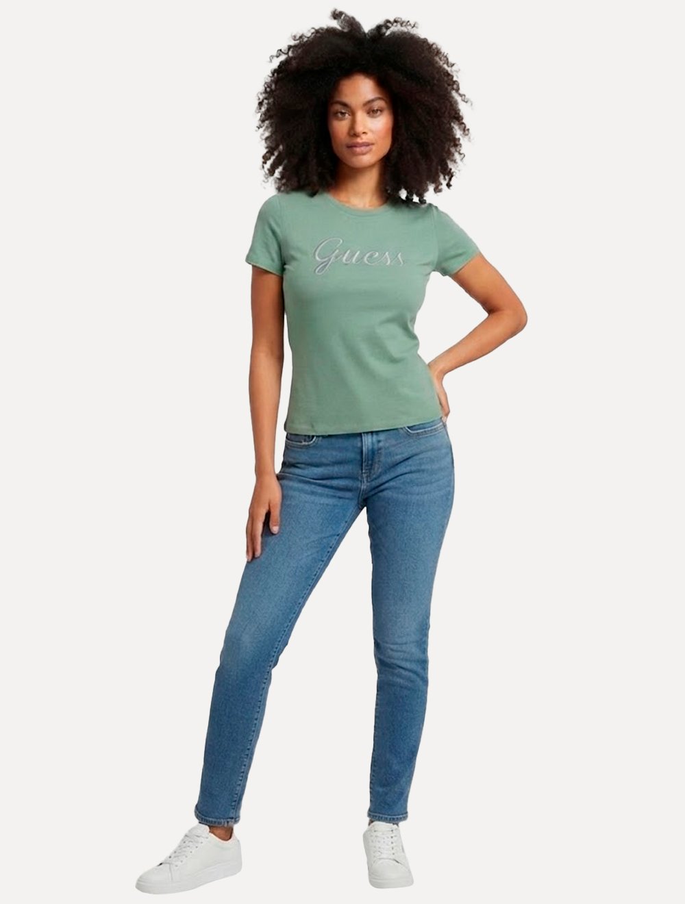 Camiseta Guess Feminina Signature Embroidery Logo Verde Claro
