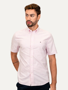 Camisa Tommy Hilfiger Masculina Manga Curta Regular Oxford Stripes Rosa Mescla