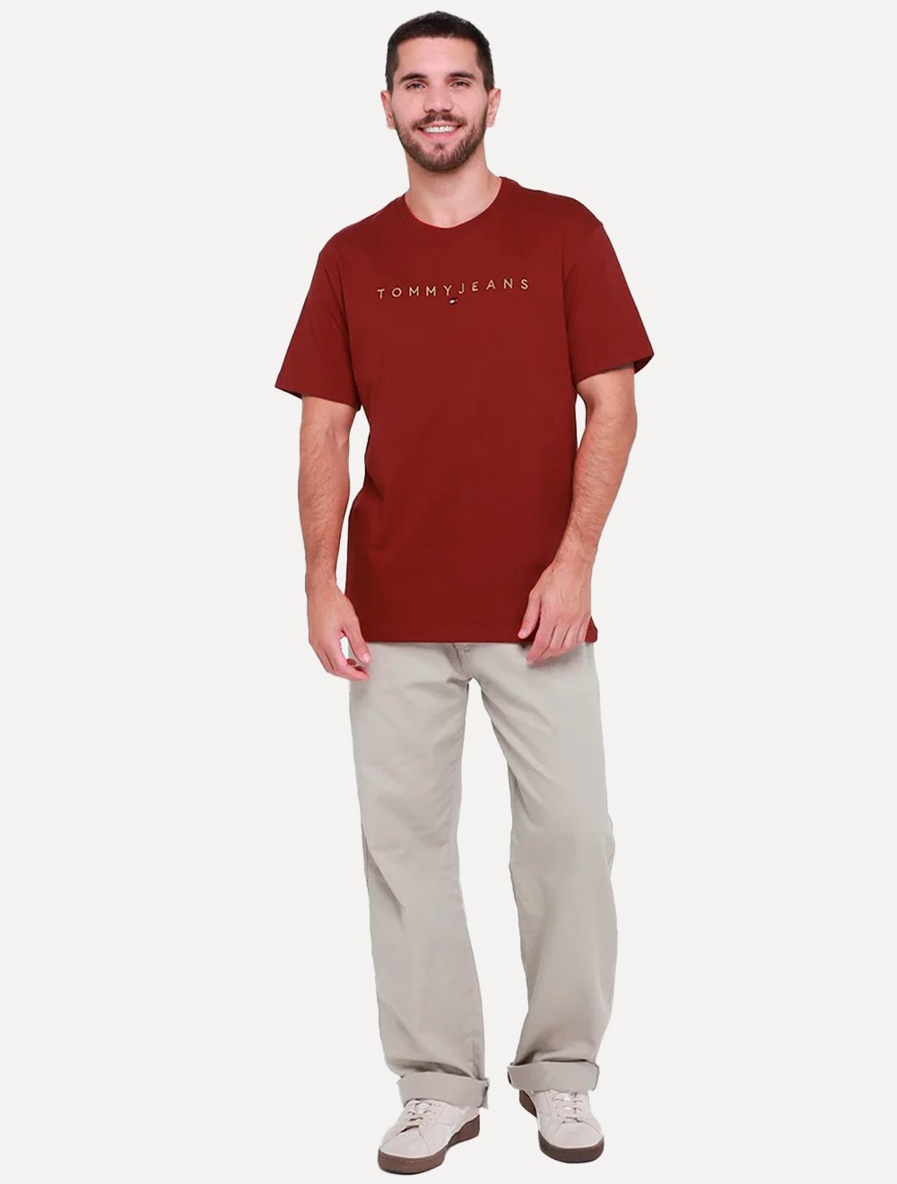 Camiseta Tommy Jeans Masculina Core Linear Gold Logo Vermelho Escuro