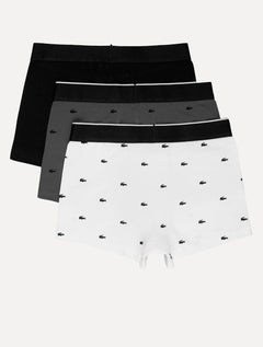 Cuecas Lacoste Trunk Casual Stretch Signature Preta/Chumbo/Branca Pack 3UN