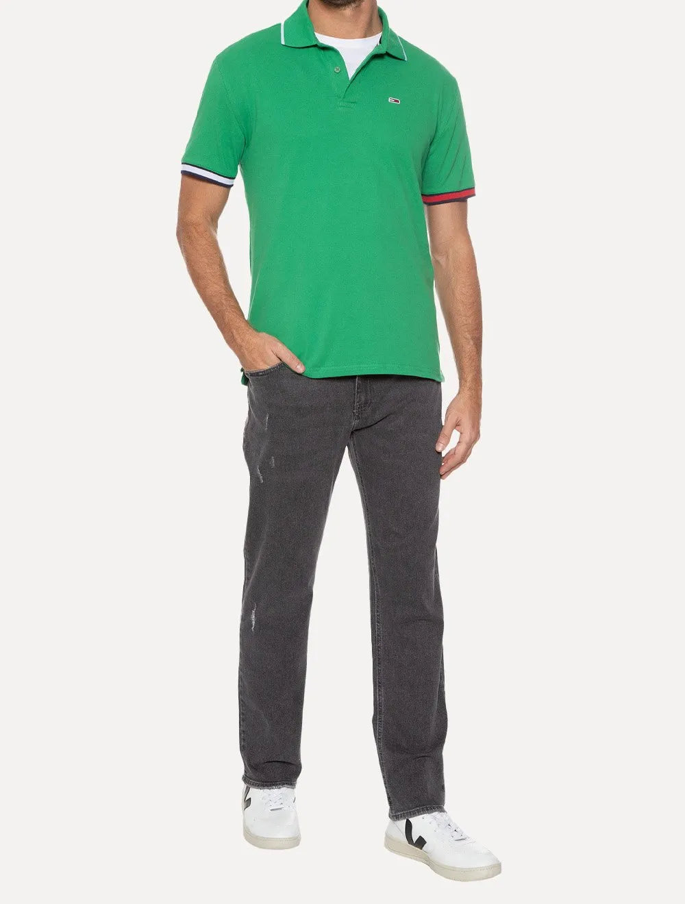 Polo Tommy Jeans Masculina Regular Piquet Flag Cuffs Verde