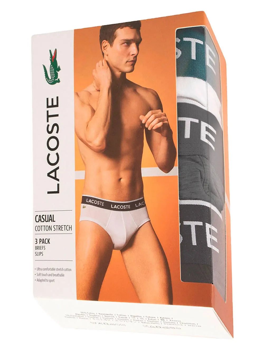 Cueca Lacoste Brief Slip Colored Lettered Waist Branca/ Grafite/ Preta Pack 3UN