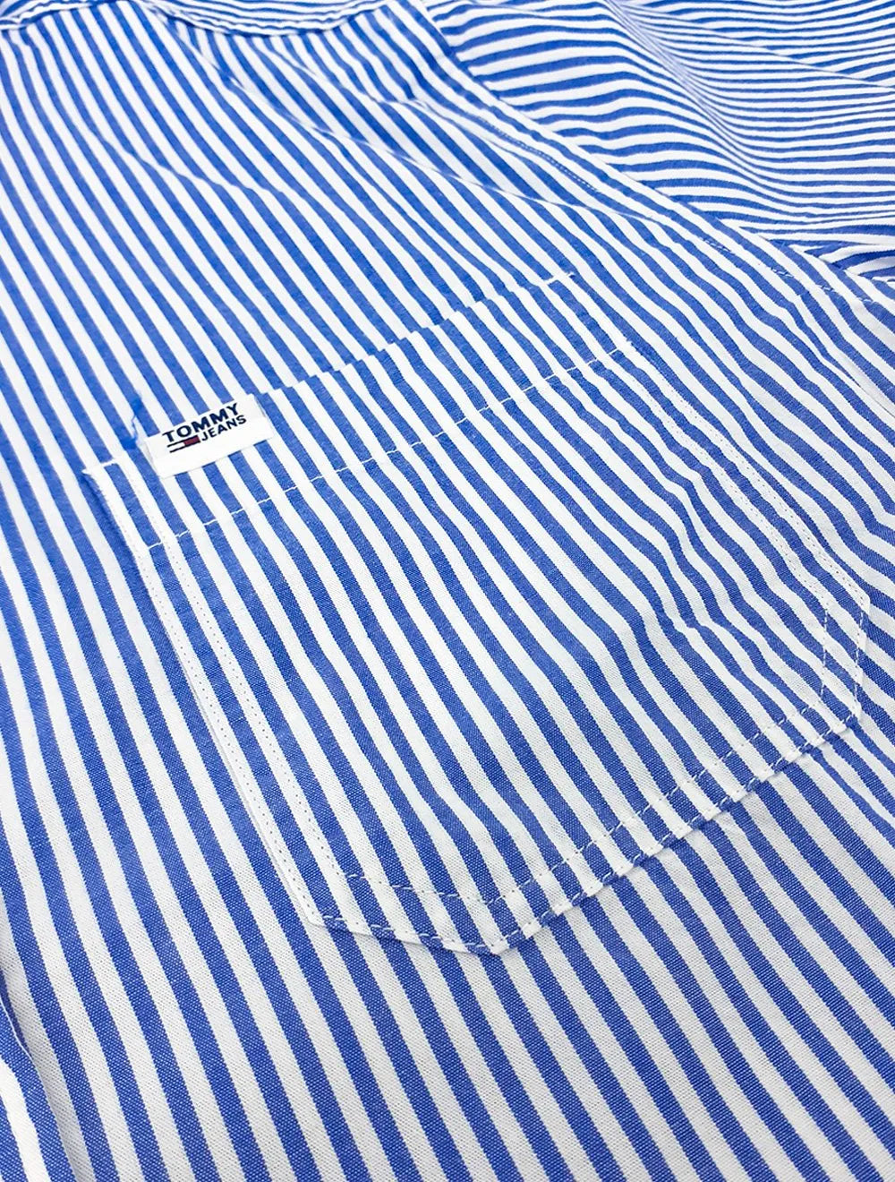 Camisa Tommy Jeans Masculina Striped Linen Blend Pocket Branca Azul Royal