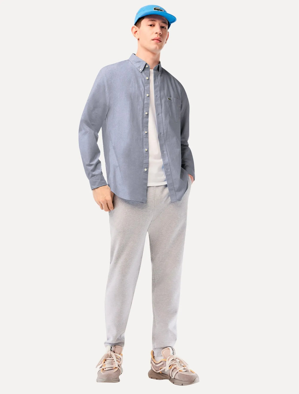 Camisa Lacoste Masculina Cotton Poplin Grid Branco/Azul