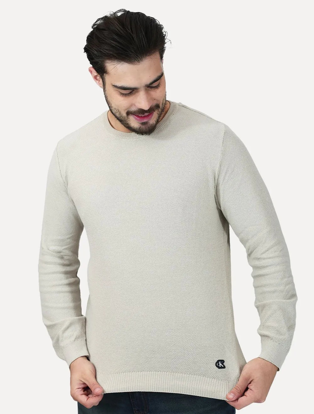 Suéter Calvin Klein Jeans Masculino Crewneck Tricot Patch Reissue Logo Off White