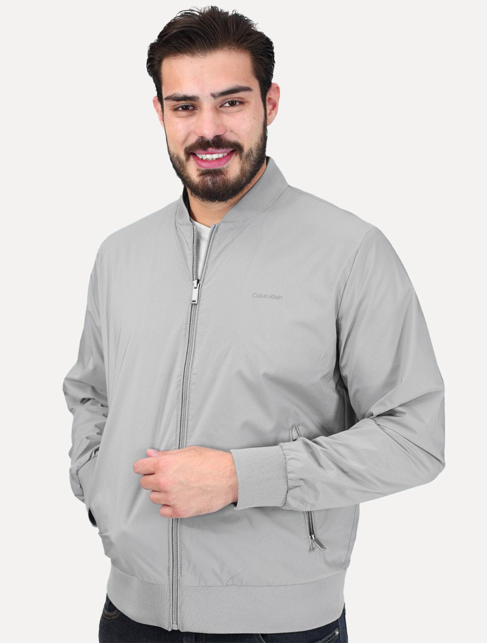 Jaqueta Calvin Klein Masculina Bomber Logo Full Zip Cinza Claro