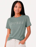 Camiseta Guess Feminina Outline White Logo Verde Claro