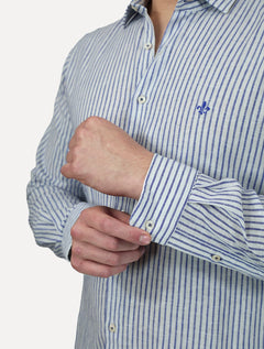 Camisa Dudalina Masculina Slim Fit Linen Blend Listras Branca