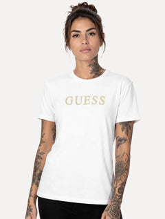 Camiseta Guess Feminina Silk Classic Gold Logo Branca