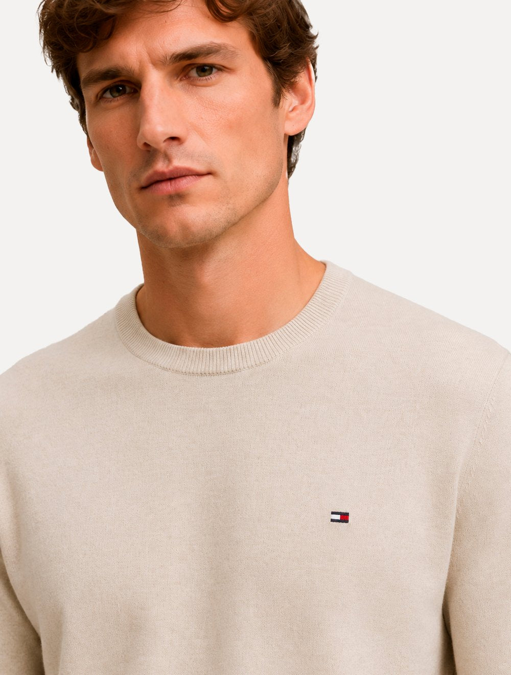 Suéter Tommy Hilfiger Masculino Crewneck Essential Cotton Areia Claro