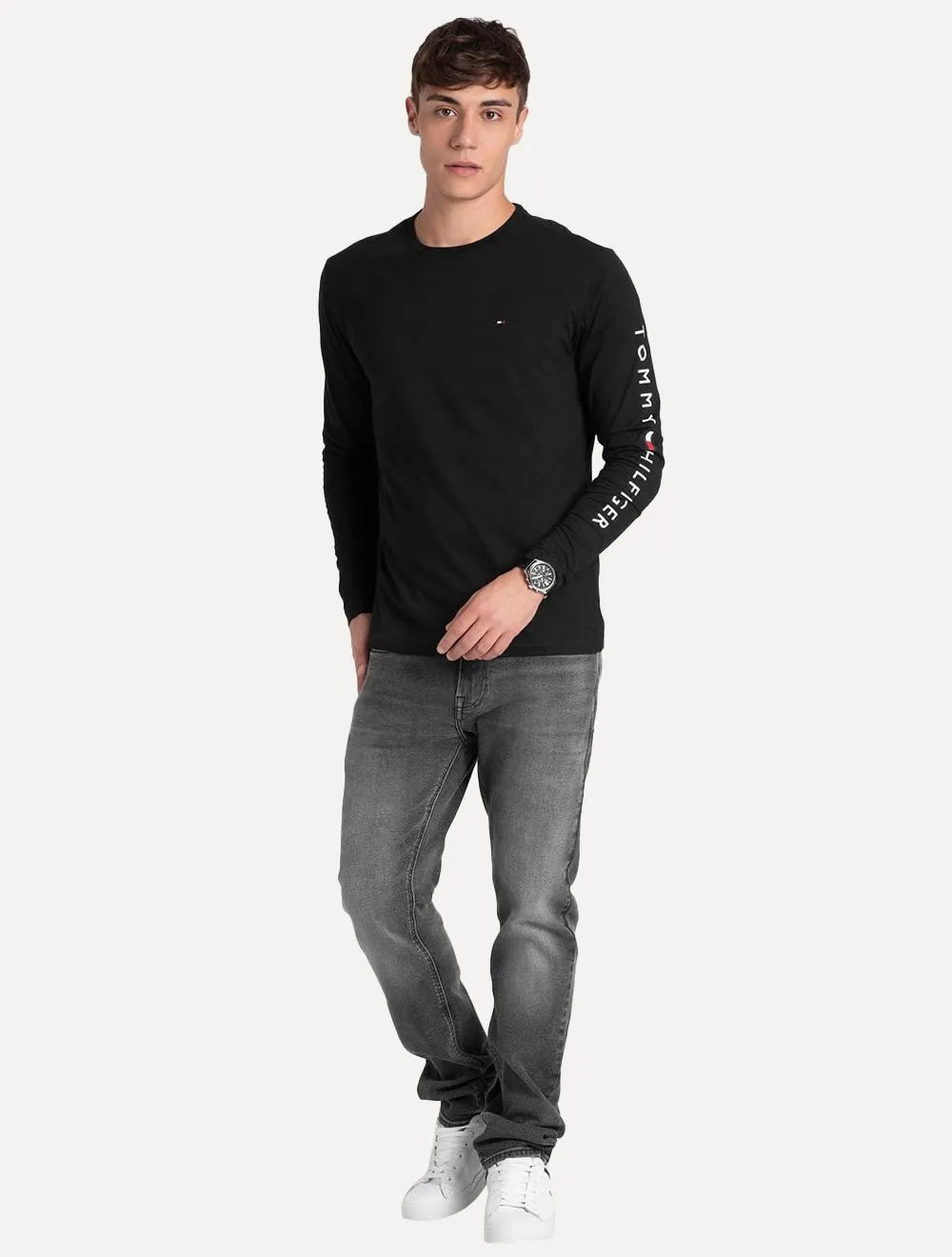Camiseta Tommy Hilfiger Masculina Manga Longa Essential Sleeve Preta