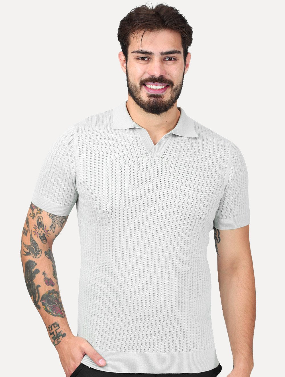 Tricô Dixen Manga Curta Gola Polo Cinza
