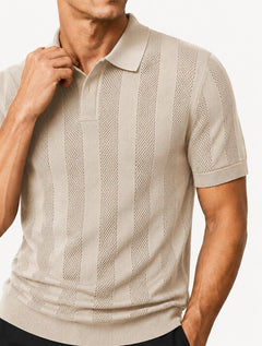 Polo Dixen Masculina Tricot Vertical Manga Curta Cáqui Médio