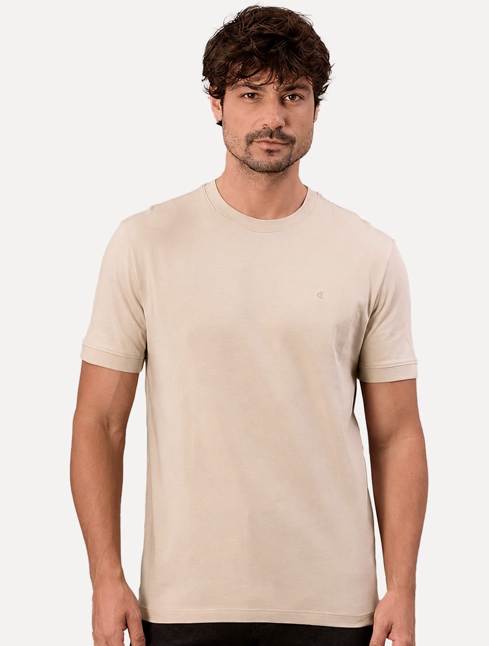 Camiseta Calvin Klein Jeans Masculina Malhão CK Logo Cáqui Claro