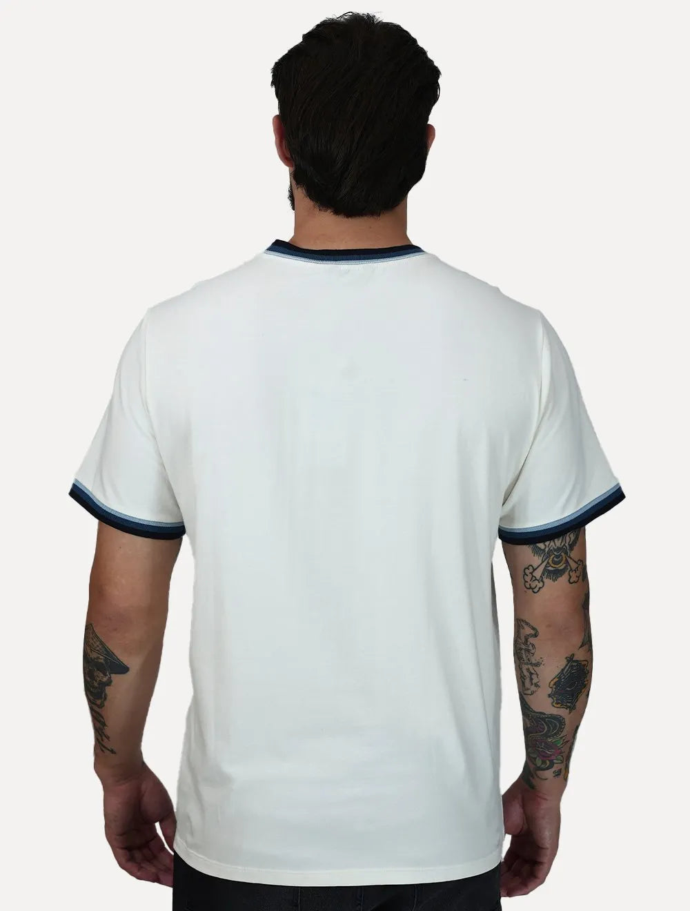 Camiseta Dudalina Masculina Cotton Blue Listra Gola Off White