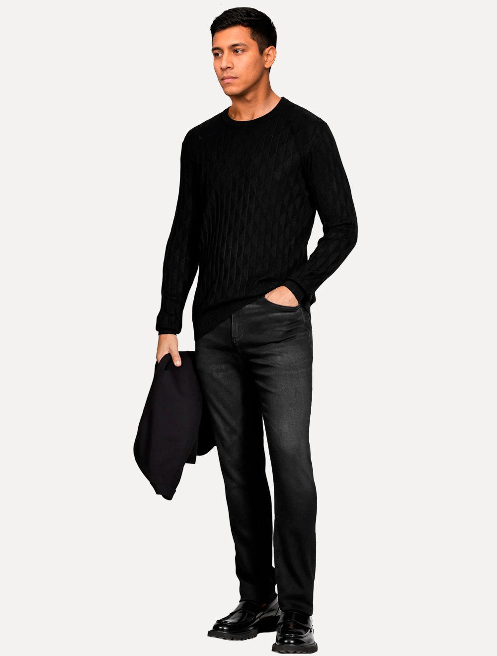 Suéter Aramis Masculino Tricot Crewneck Jacquard Triangulos Preto