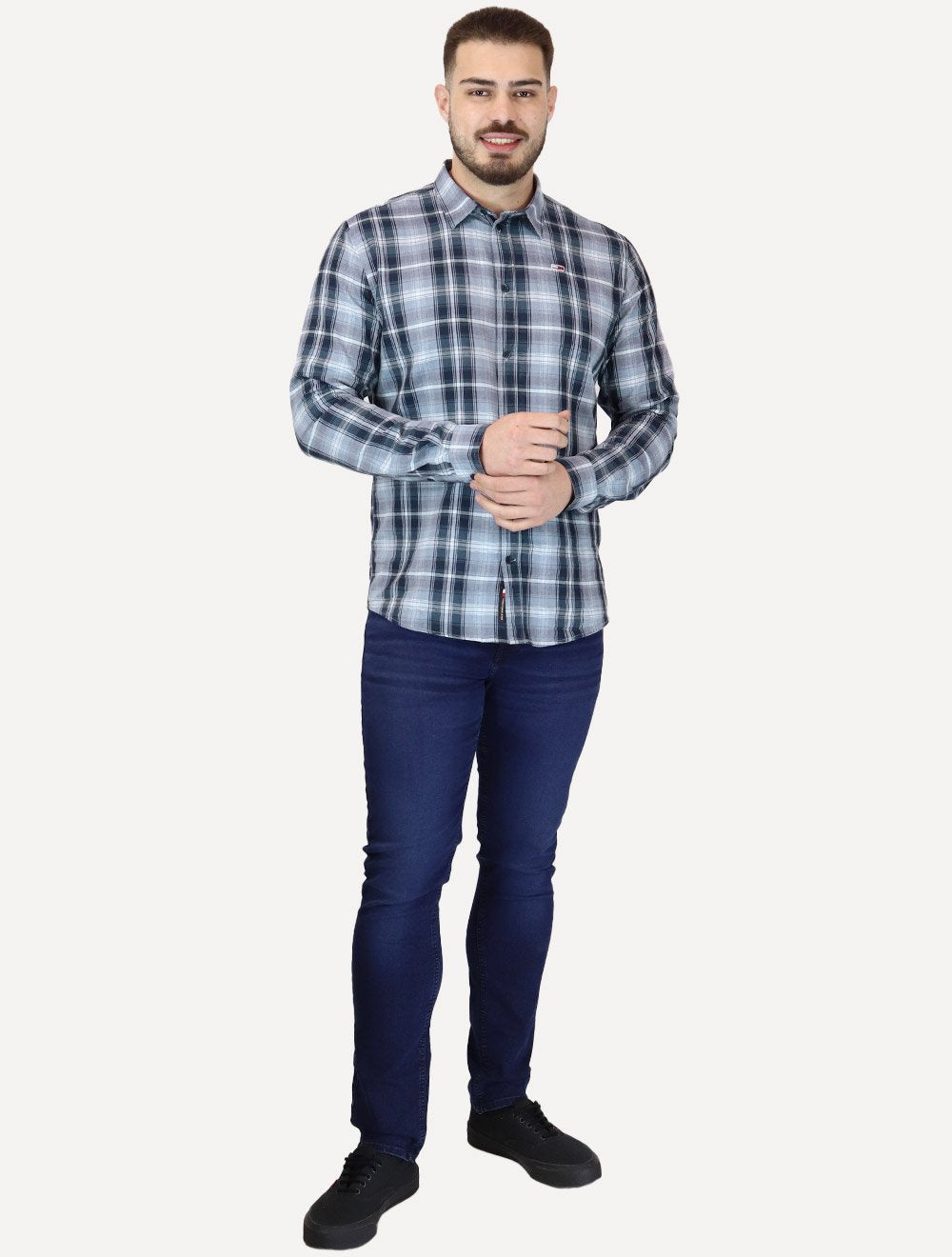 Camisa Tommy Jeans Masculina Regular Poplin Xadrez Check Azul