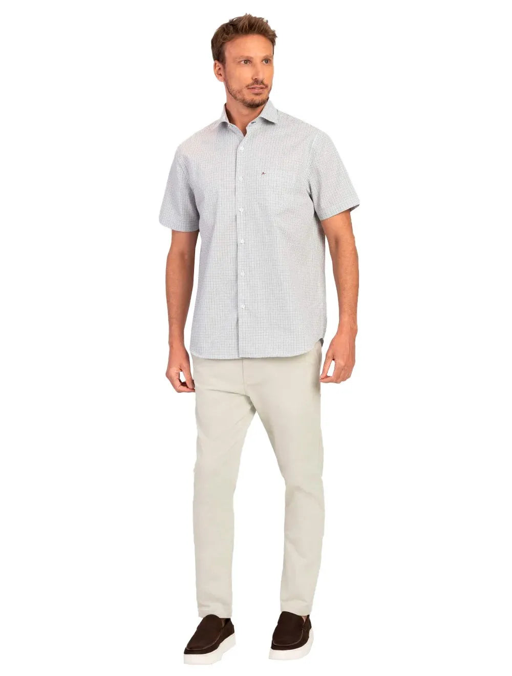 Camisa Aramis Masculina Regular Manga Curta Tricoline Micro Xadrez Branco/Marinho