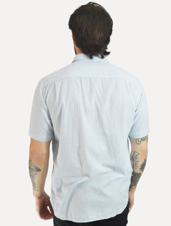 Camisa Dudalina Masculina Manga Curta Comfort Fit Slub Cotton Flame Listras Azul Claro
