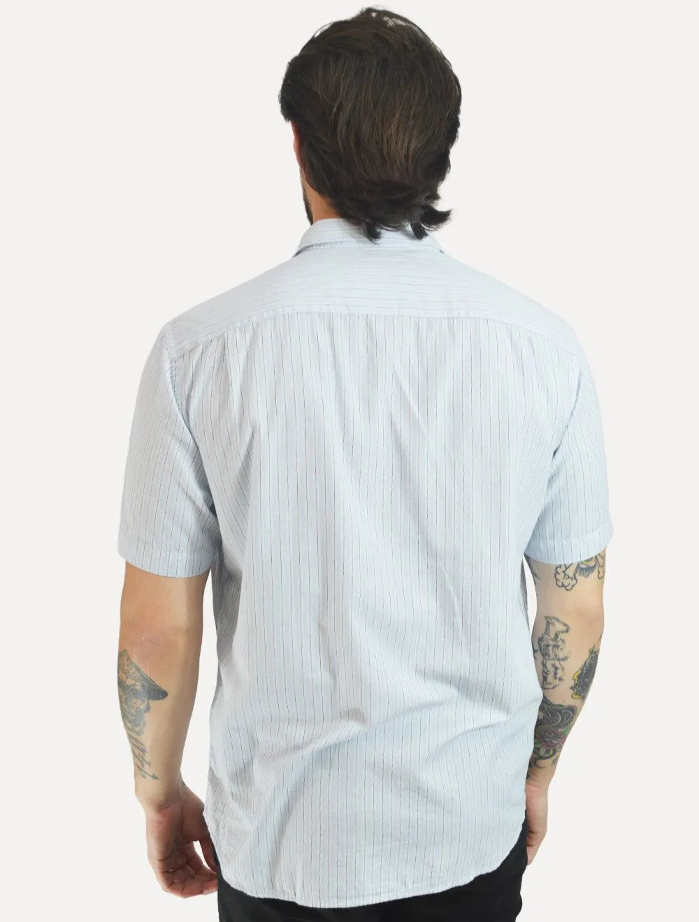 Camisa Dudalina Masculina Manga Curta Comfort Fit Slub Cotton Flame Listras Azul Claro
