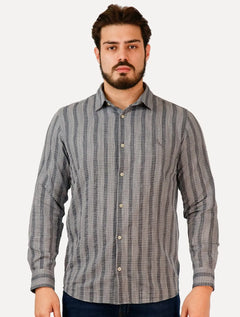 Camisa Reserva Masculina Linho Listras Kame Melange Azul Marinho