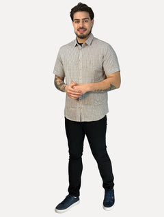 Camisa Dudalina Masculina Manga Curta Slim Tricoline Xadrez Cáqui Escuro