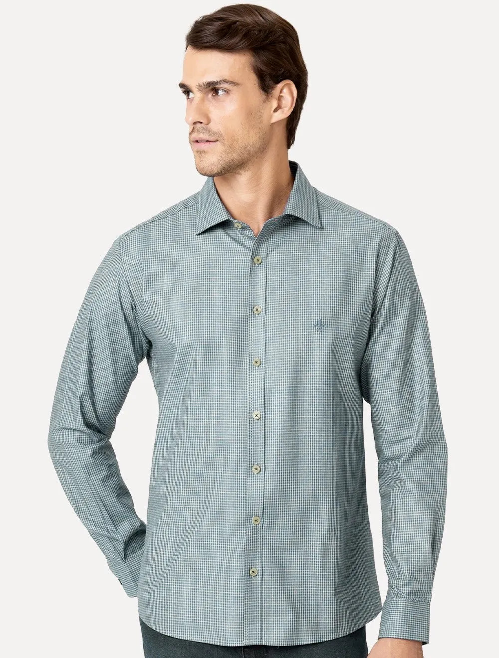 Camisa Dudalina Masculina Superfine Slim Tricoline Quadriculado Mono Logo Verde Turquesa
