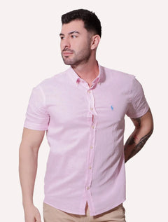 Camisa Ralph Lauren Masculina Manga Curta Linho Blue Icon Rosa Claro Mescla