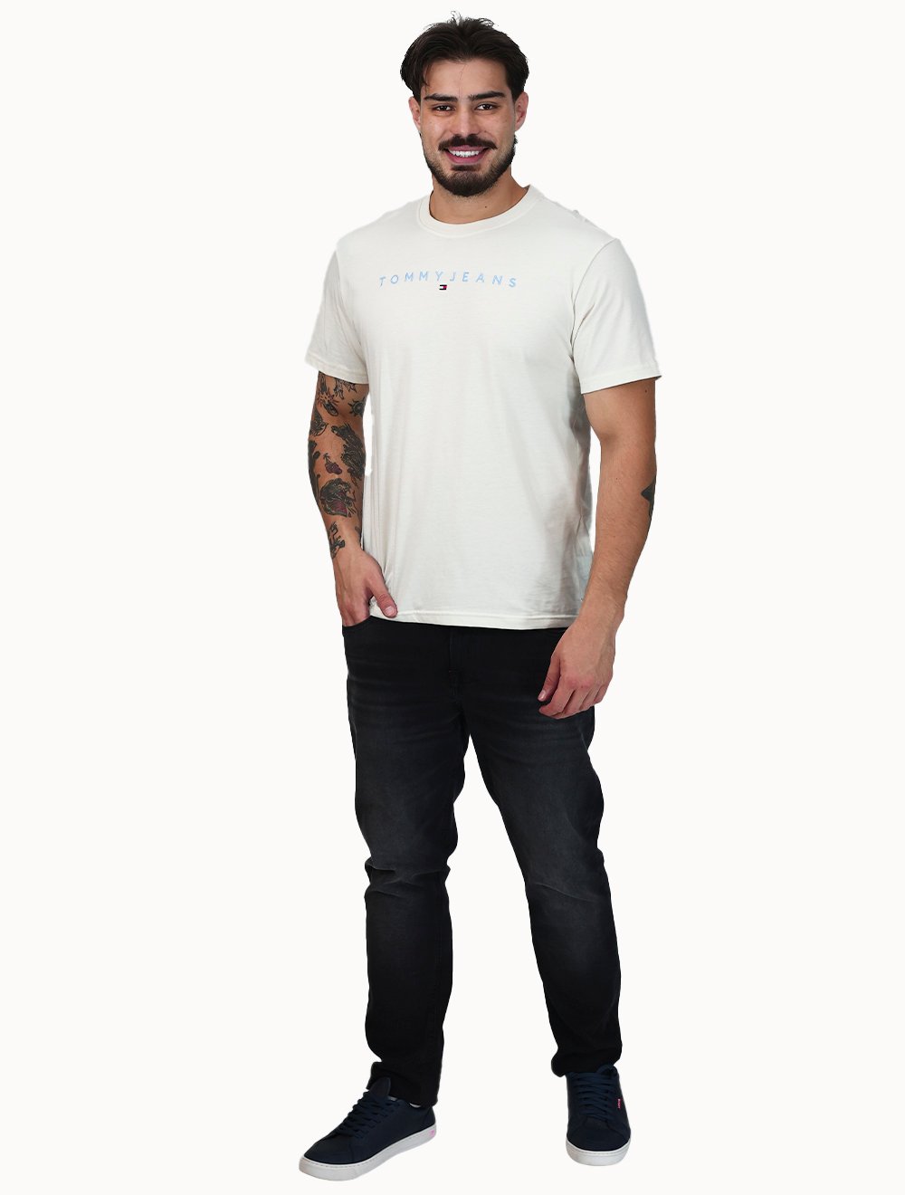Camiseta Tommy Jeans Masculina Core Linear Blue Logo Off White