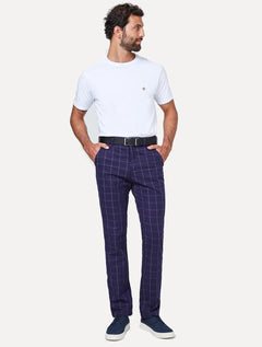 Calça Dudalina Masculina Sarja Slim Chino Xadrez Azul Marinho