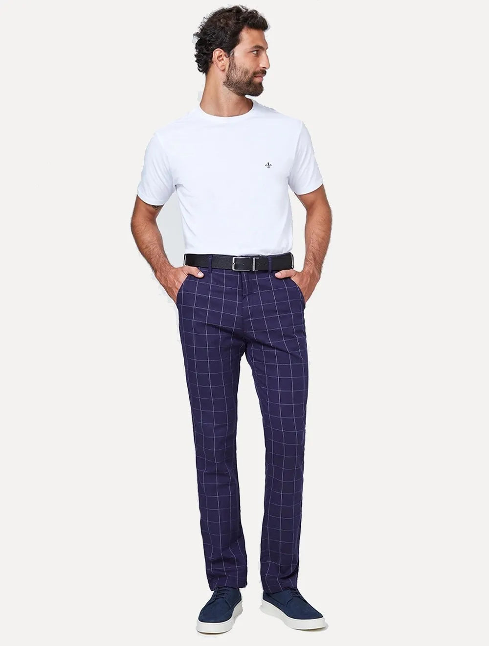 Calça Dudalina Masculina Sarja Slim Chino Xadrez Azul Marinho