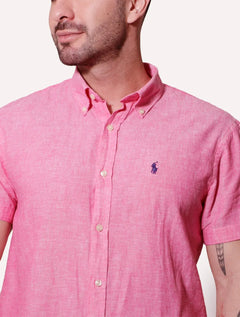 Camisa Ralph Lauren Masculina Manga Curta Linho Navy Icon Rosa Mescla