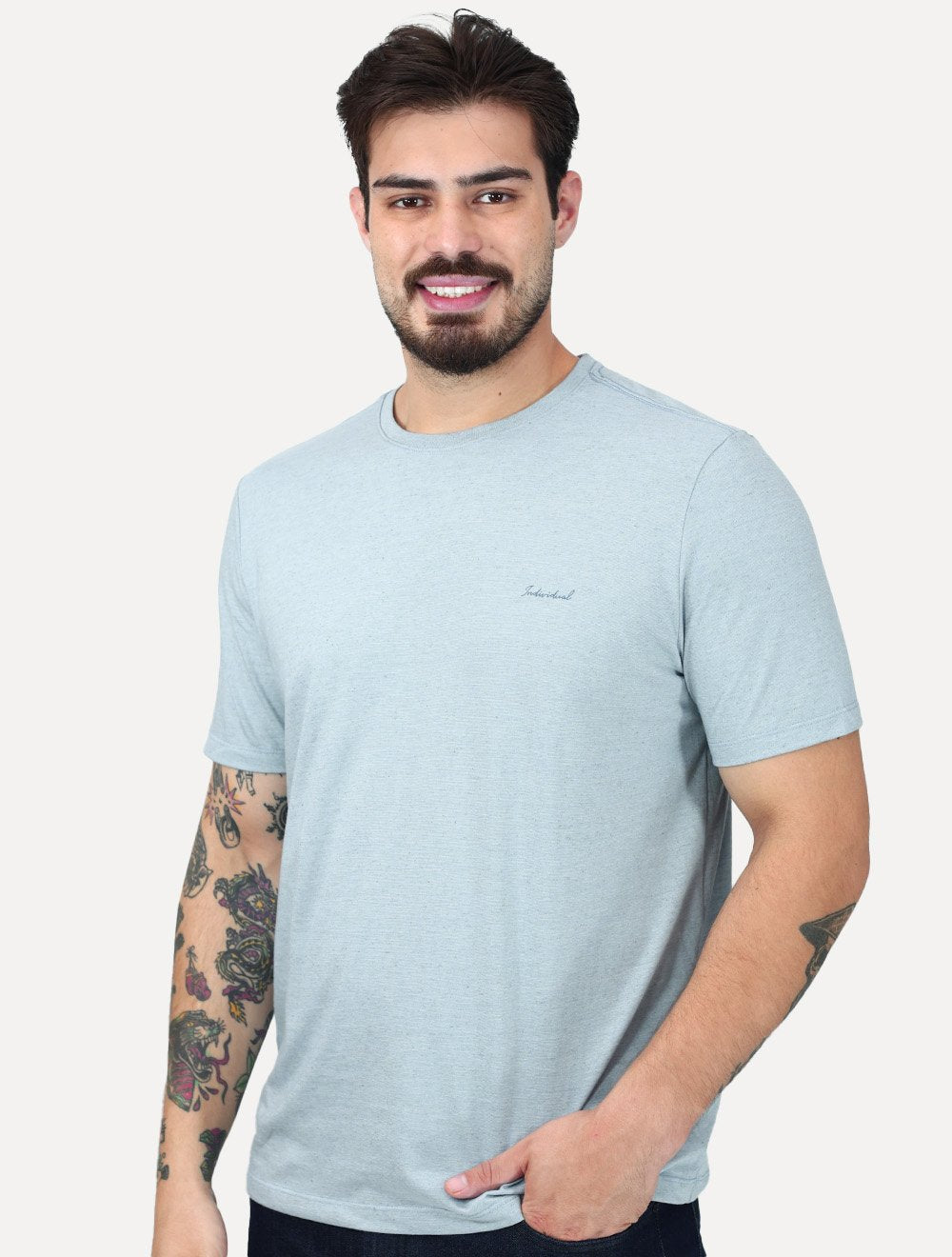 Camiseta Individual Comfort Linho Listrada Silk Logo Azul Claro