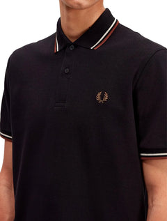 Polo Fred Perry Masculina Piquet Regular White Brown Twin Tipped Preta