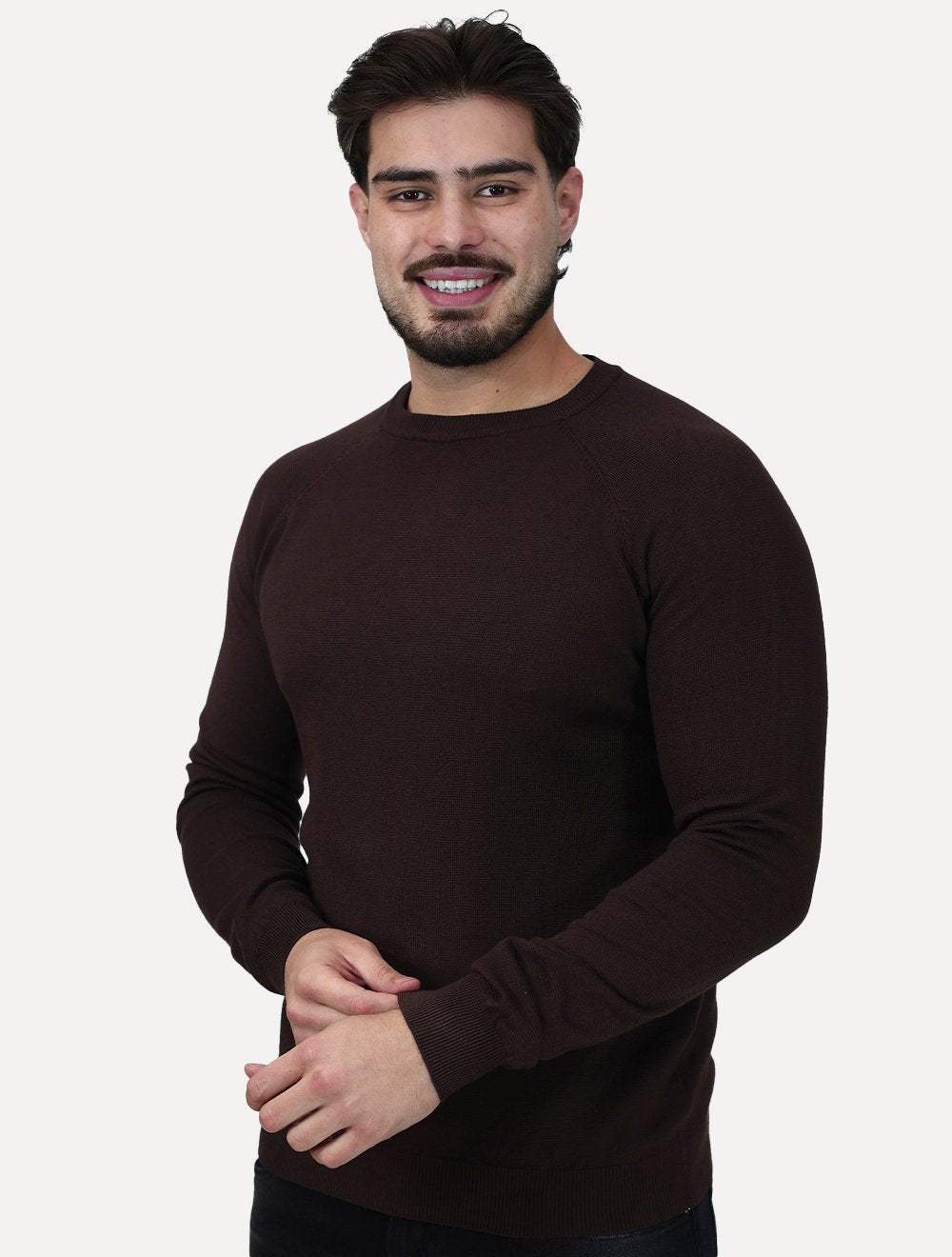 Suéter Dixen Masculina Tricot Manga Longa Raglan Gola Careca Marrom