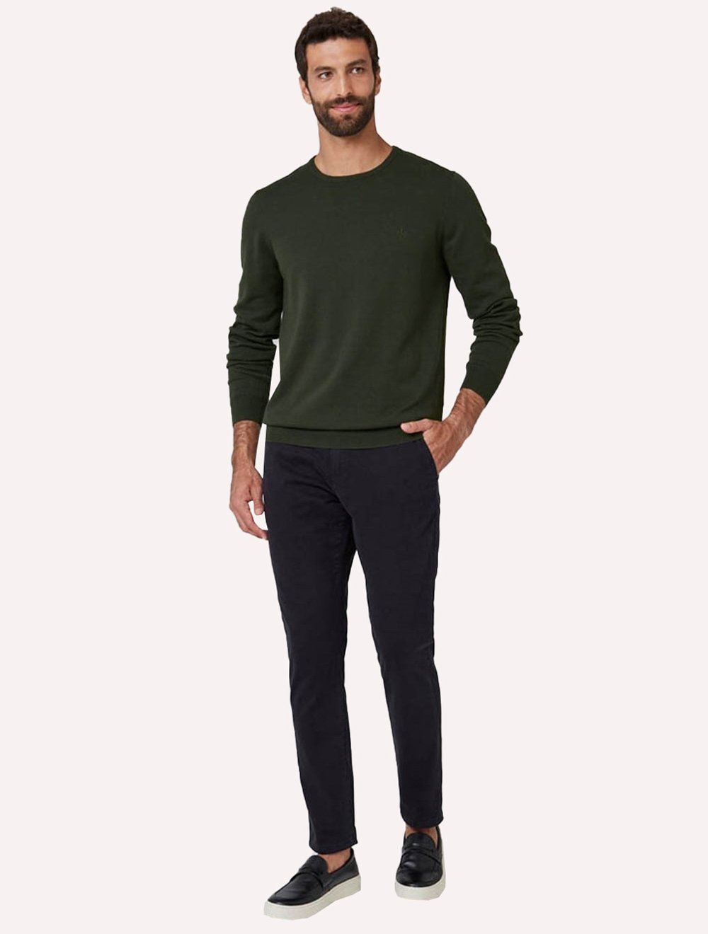 Suéter Dudalina Masculino Tricot Crewneck Básico Verde Militar