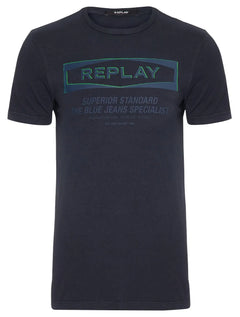 Camiseta Replay Masculina Logo Label Superior Standard Azul Marinho