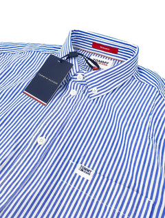 Camisa Tommy Jeans Masculina Striped Linen Blend Pocket Branca Azul Royal