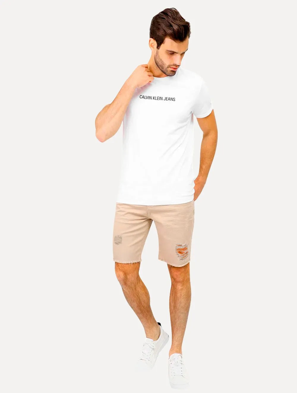 Bermuda Calvin Klein Jeans Destroyed Label Cáqui Claro