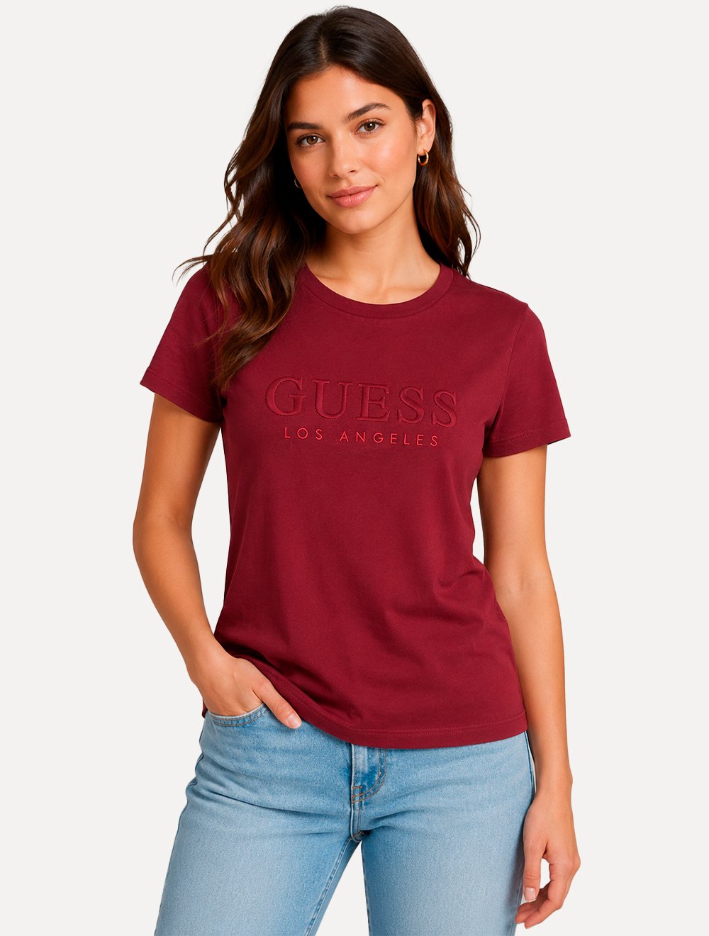 Camiseta Guess Feminina Bold Cursive Embossed Red Logo Vermelho Escuro