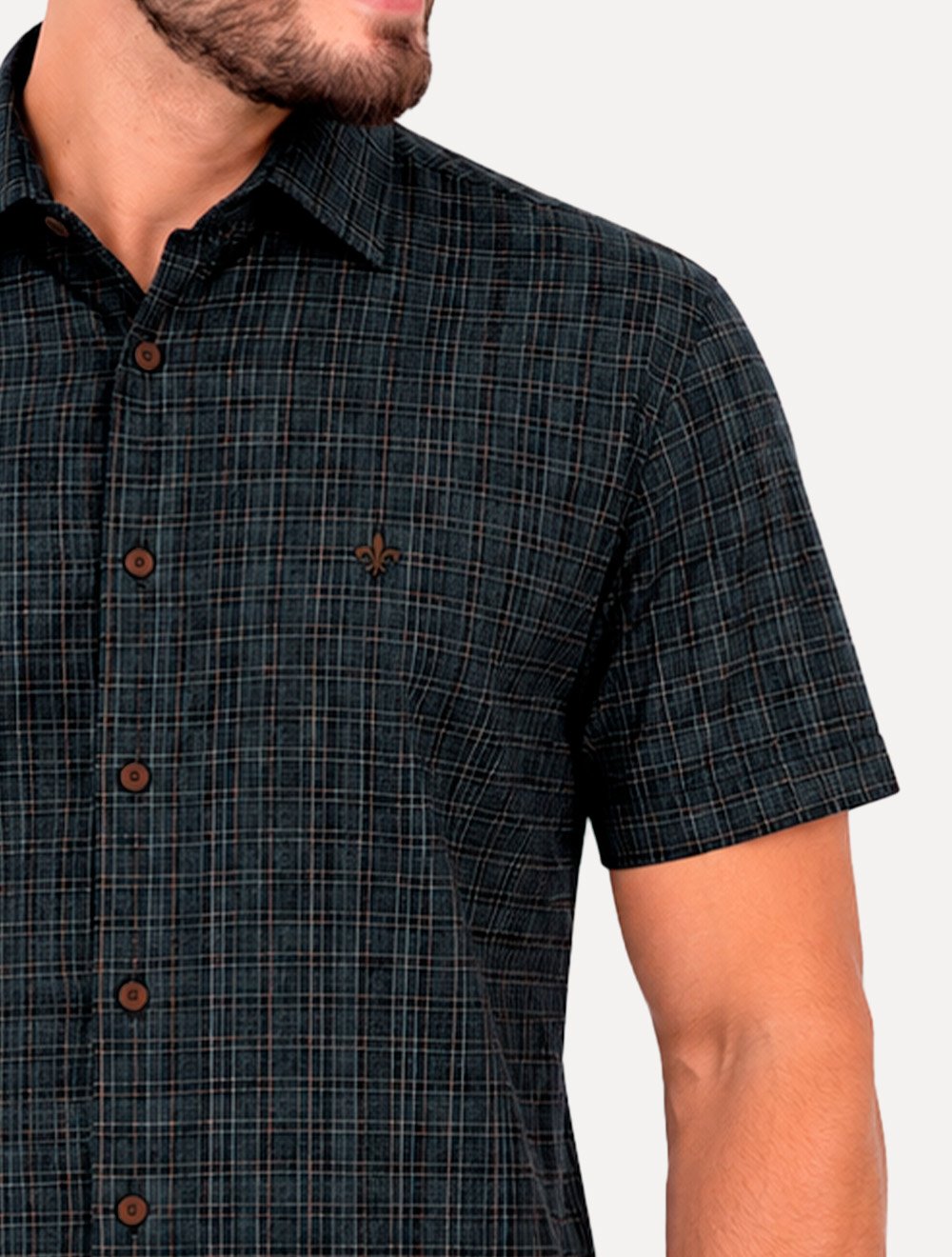 Camisa Dudalina Masculina Manga Curta Comfort Fit Slub Cotton Xadrez Flame Azul Marinho