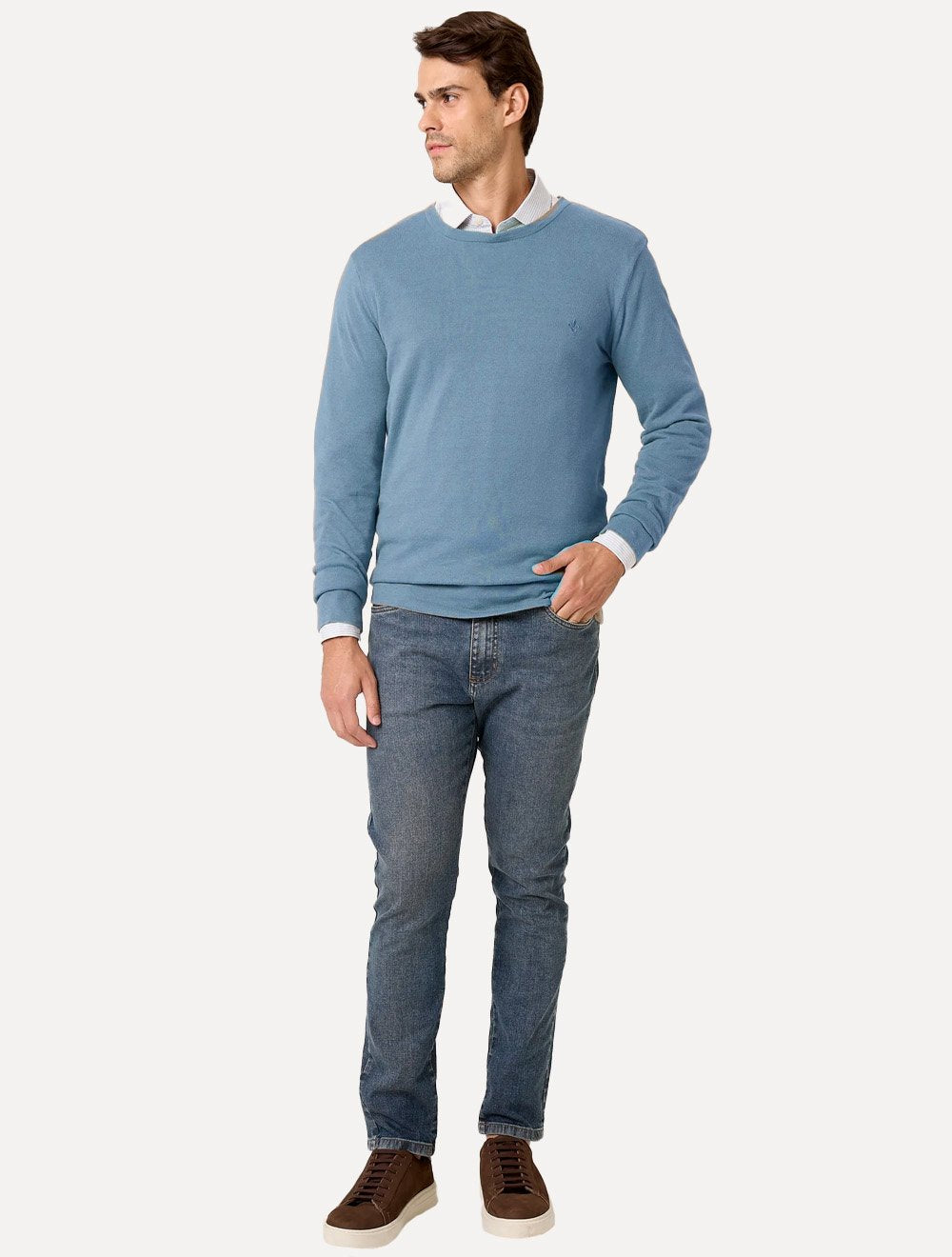 Suéter Dudalina Masculino Tricot Crewneck Basico Azul Médio