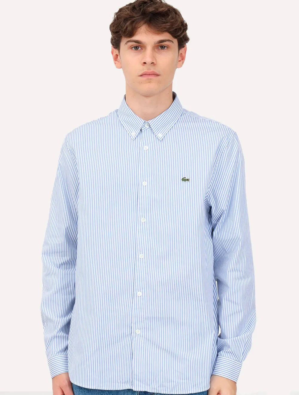 Camisa Lacoste Masculina Regular Striped Cotton Azul Claro/ Branca