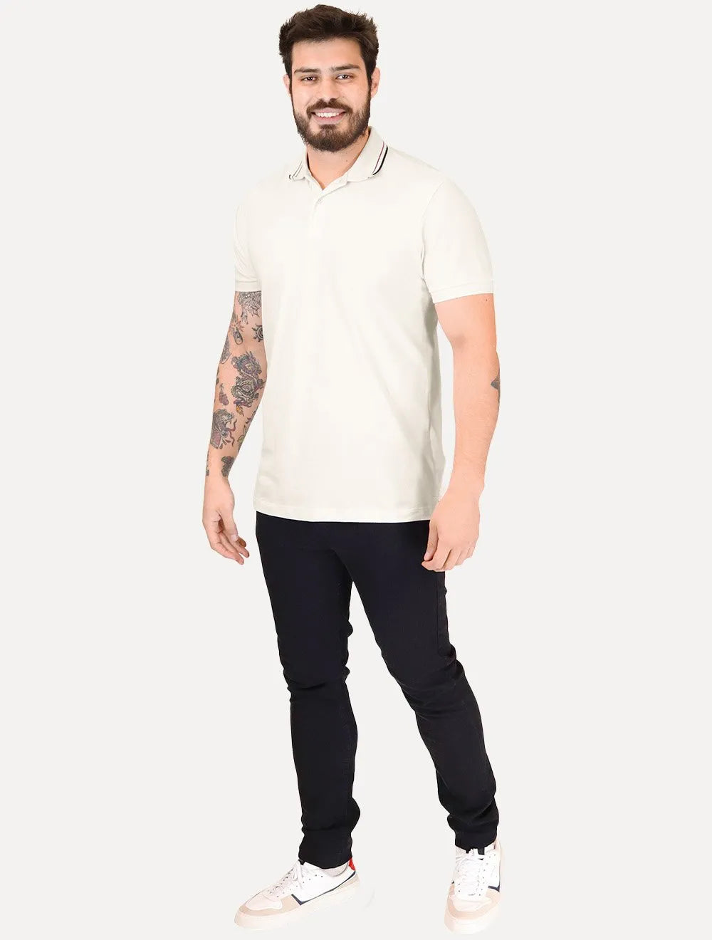 Polo Aramis Masculina Piquet Gola Duo Frisos Off-White