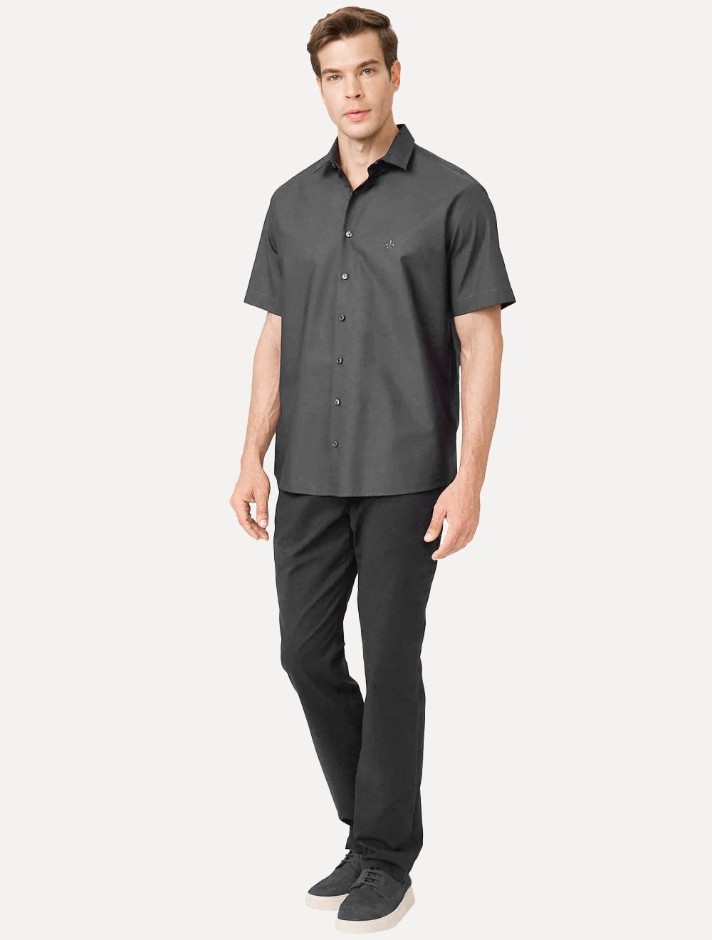 Camisa Dudalina Masculina Manga Curta Comfort Superfine Cotton Mono Logo Lisa Cinza Escuro