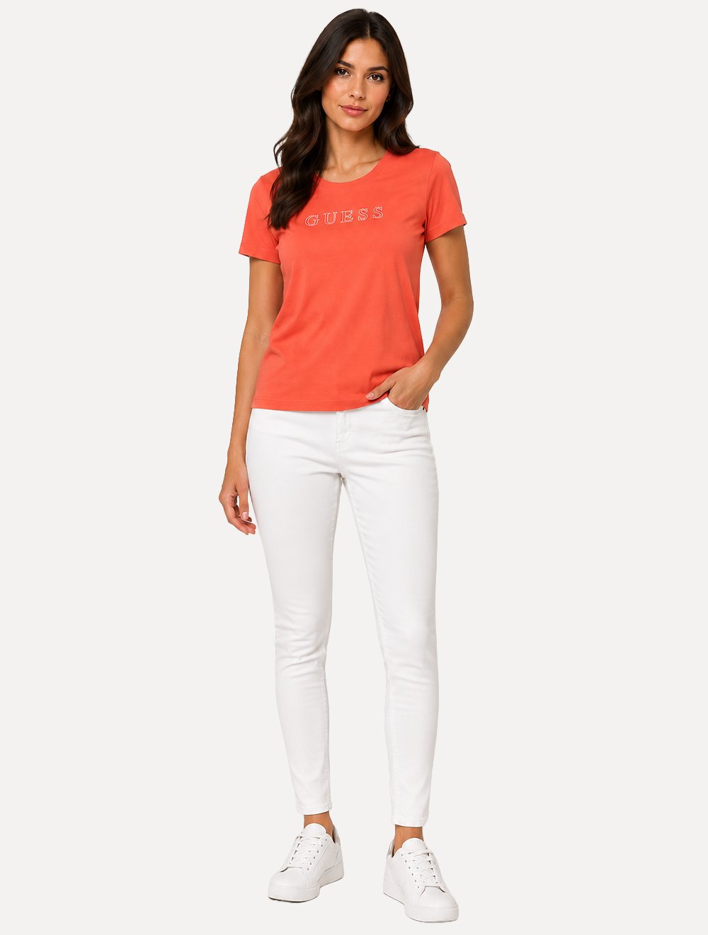 Camiseta Guess Feminina Outline White Logo Laranja