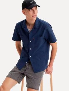 Camisa Levis Masculina Manga Curta Standard Camp Shirt Striped Azul Marinho