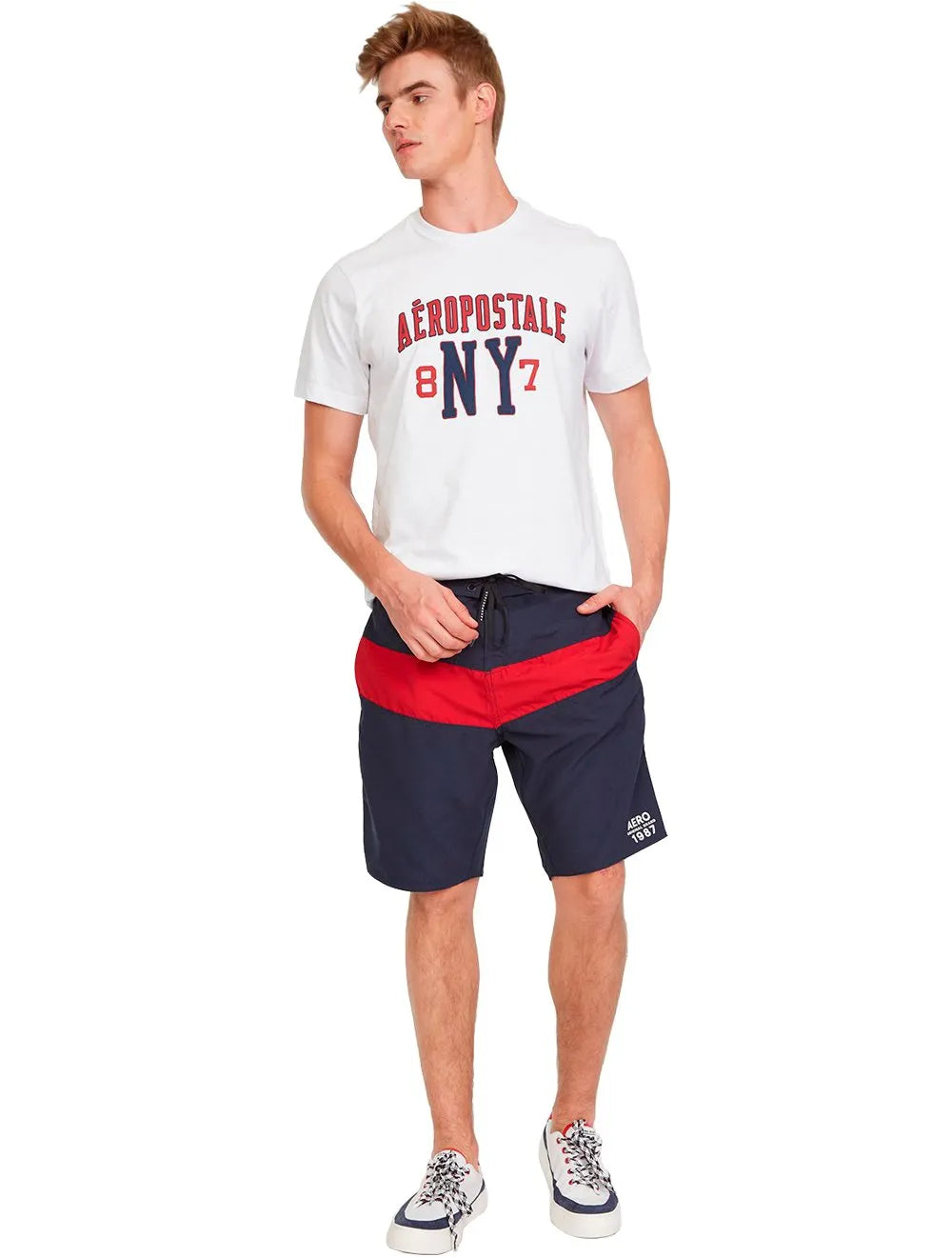 Bermuda Aeropostale Masculina Boardshorts Red Sash Original Vermelho/ Azul Marinho